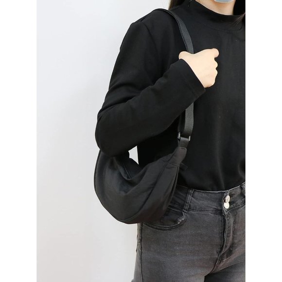 Women Men Black Small Sling Crossbody Bag with Half Moon Shape - Picture 3 of 11
